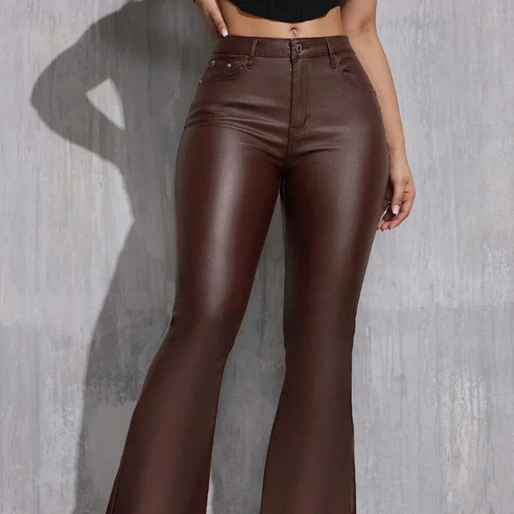 Chocolate Brown Casual Women's Tall Slim Fit Flared Pants - Picture 4 of 6